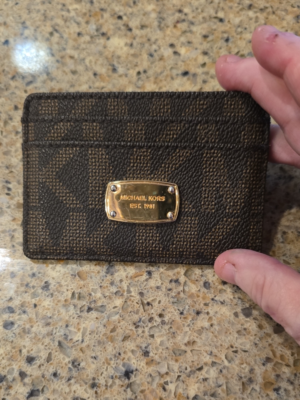 Michael Kors Brown and Dark Brown Monogram Card Holder with Gold Plaque